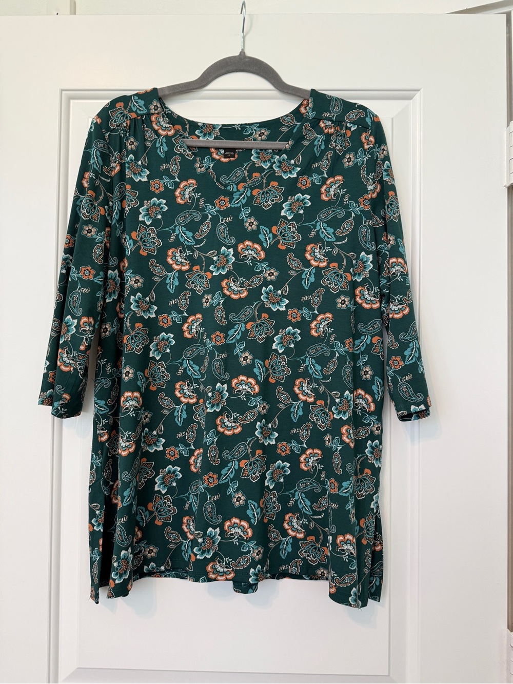 J. Jill Wearever Teal Green Floral Crewneck Top Blouse 3/4 Sleeves Excellent M